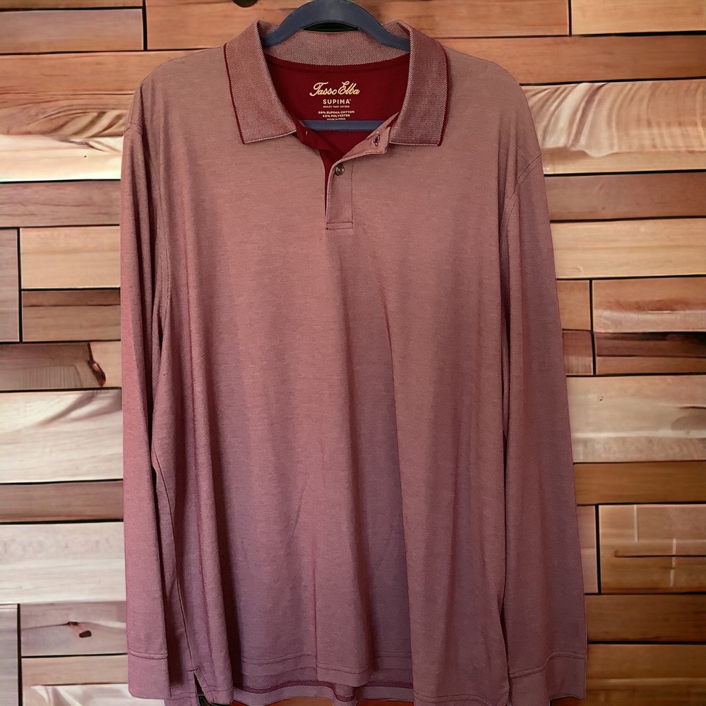 TASSO ELBA Men's Supima Cotton Blend Luxury Long-Sleeve Burgundy Polo Shirt